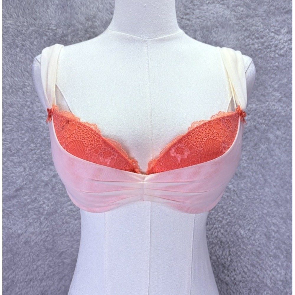 Adore Me Womens 34D Bra Coral Blush Lace Mesh Underwire Colorblock Padded